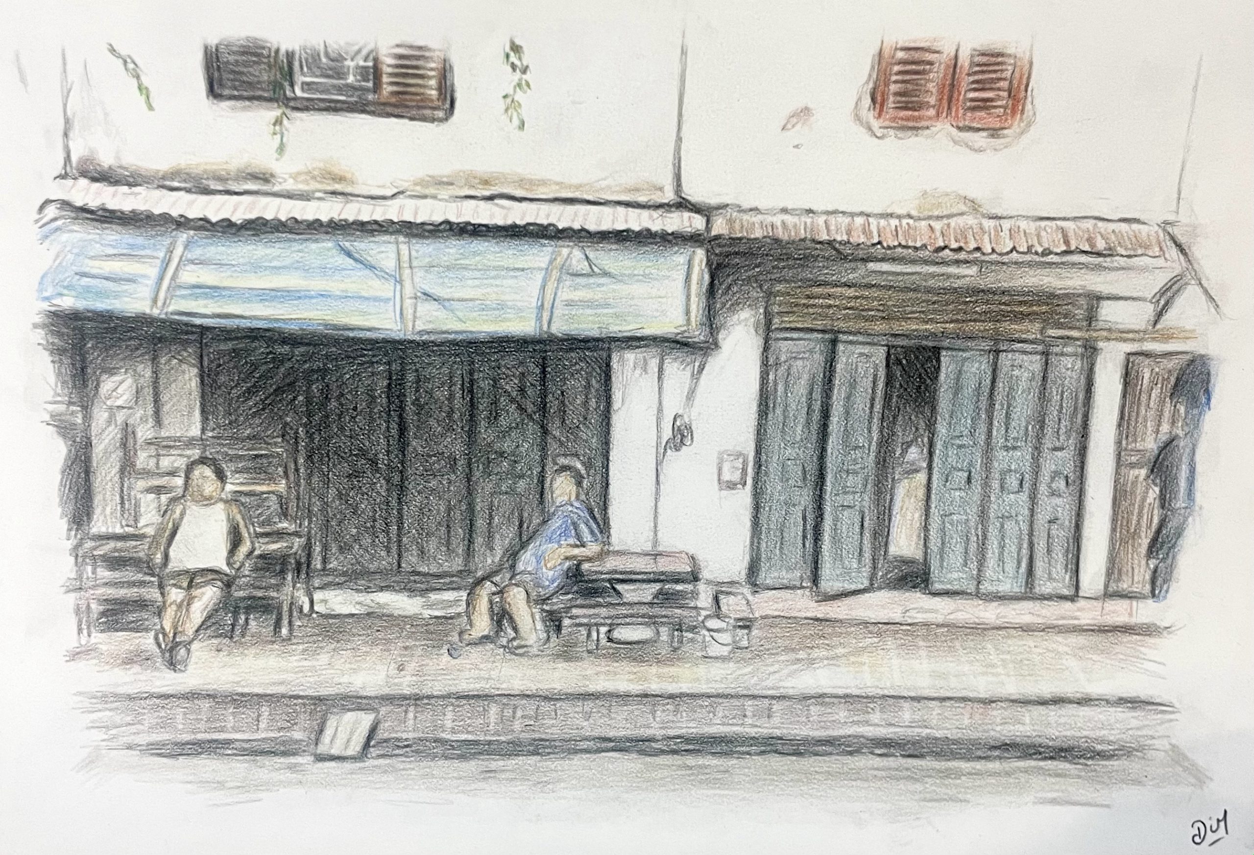"La vie à Luang Prabang", crayons de couleur sur Bristol, 2024